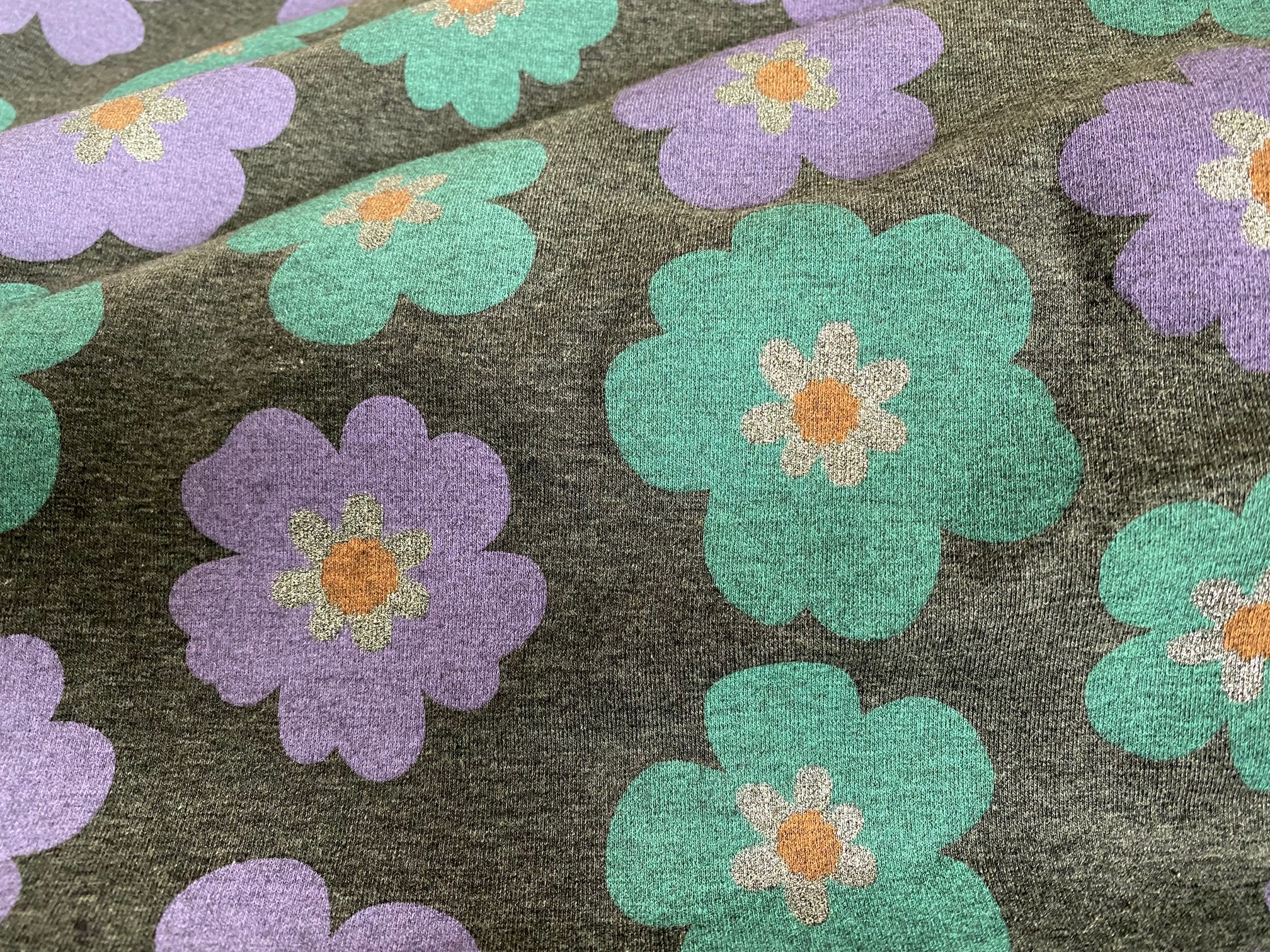 Jersey Glitzer-Blumen Lila Grün Grau Melange