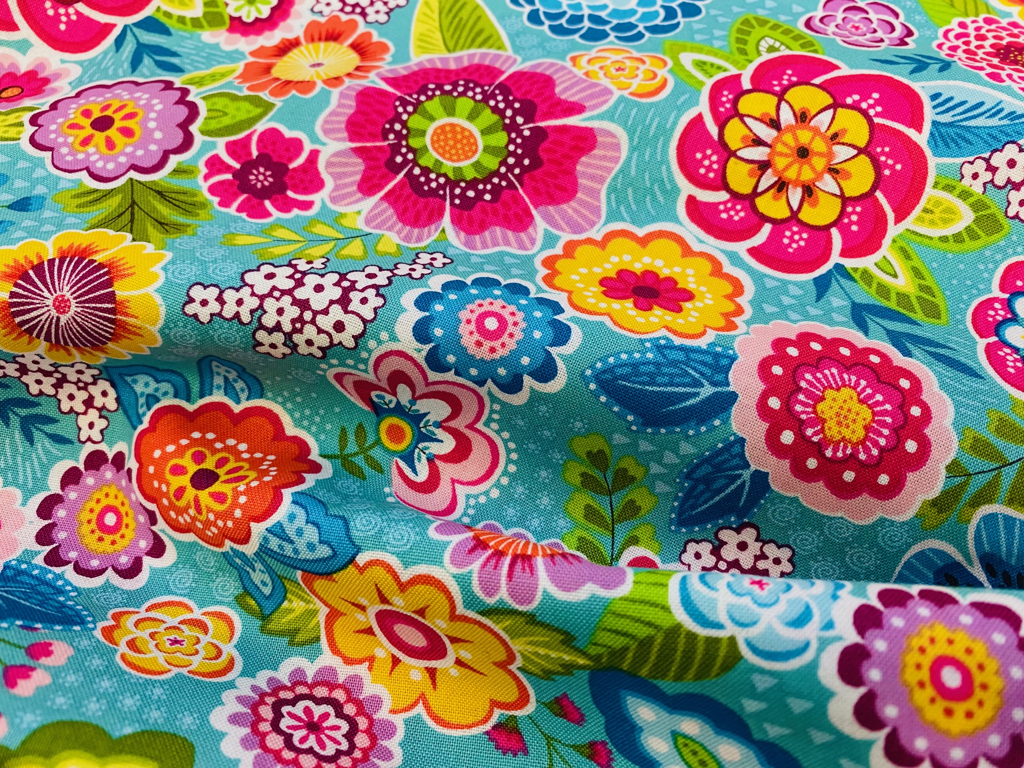 Baumwollstoff Floral Bright Bunte Blumen Türkisblau