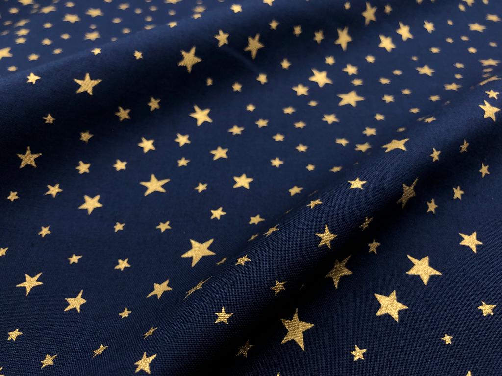 Weihnachtsstoff Goldene Sterne Dunkelblau